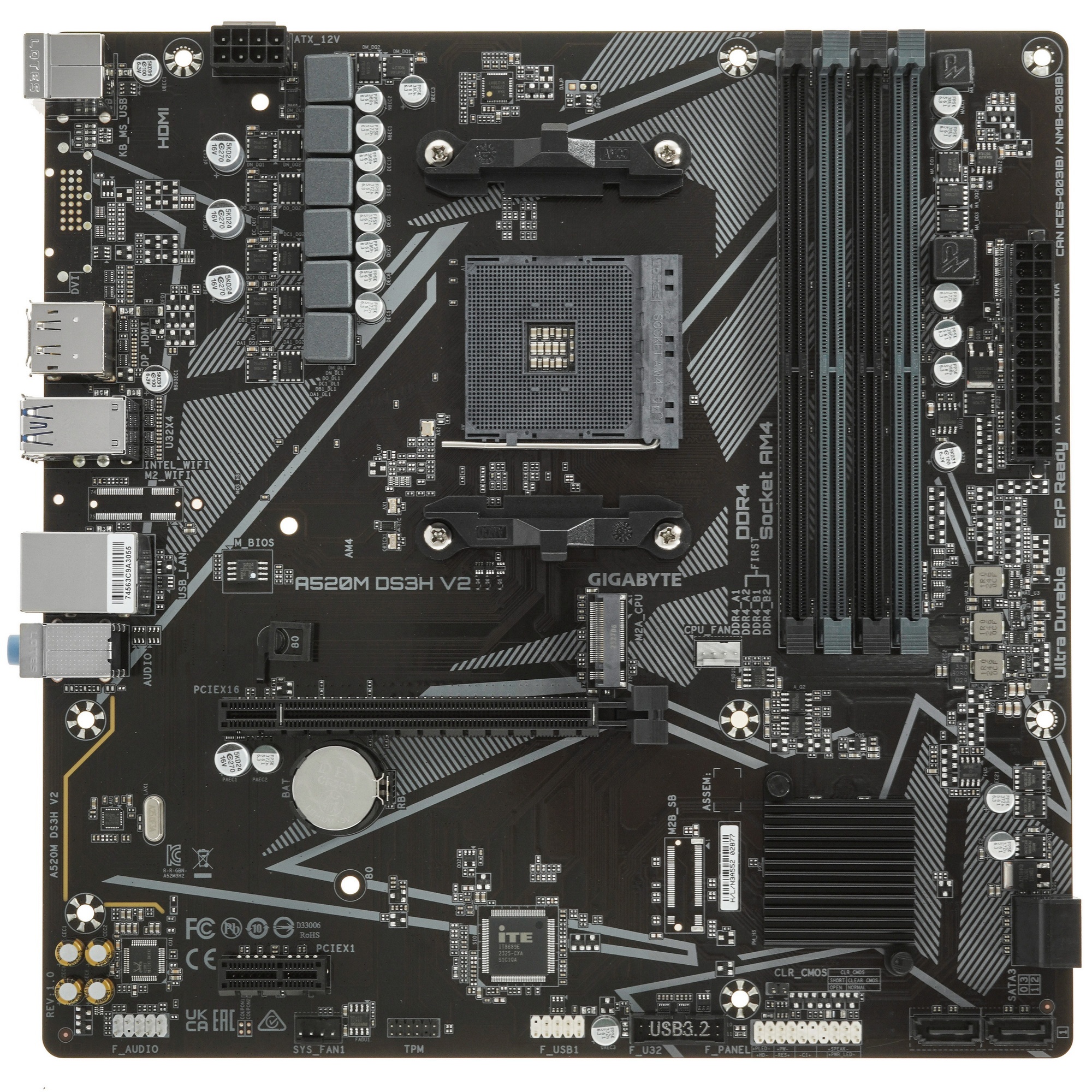 Материнская плата Gigabyte A520M DS3H V2  (V1.1), AM4, AMD A520, 4xDDR4, 4xSATA, 1xM.2, 1xPCIe 3.0 x