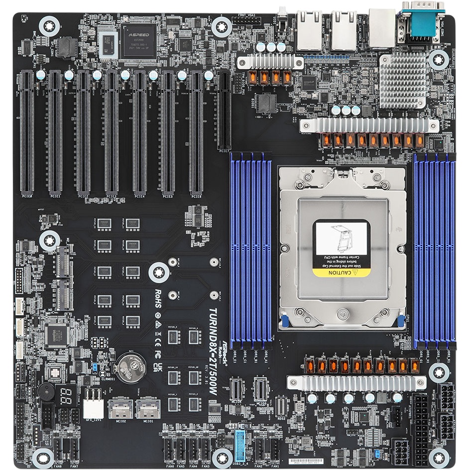 Материнская плата ASRock TURIND8X-2T/500W, SP5, SoC, 8xDDR5 RDIMM, 16xSATA 6Gb/s, 2xM.2 PCIe 5.0, 7x