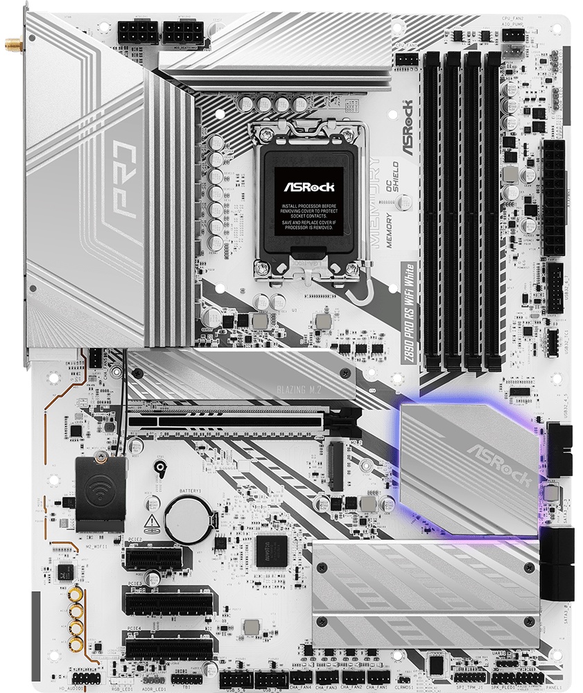 Материнская плата ASRock Z890 Pro RS WiFi White, LGA 1851, Intel Z890, 4xDDR5, 4xSATA, 4xM.2, 1xPCIe