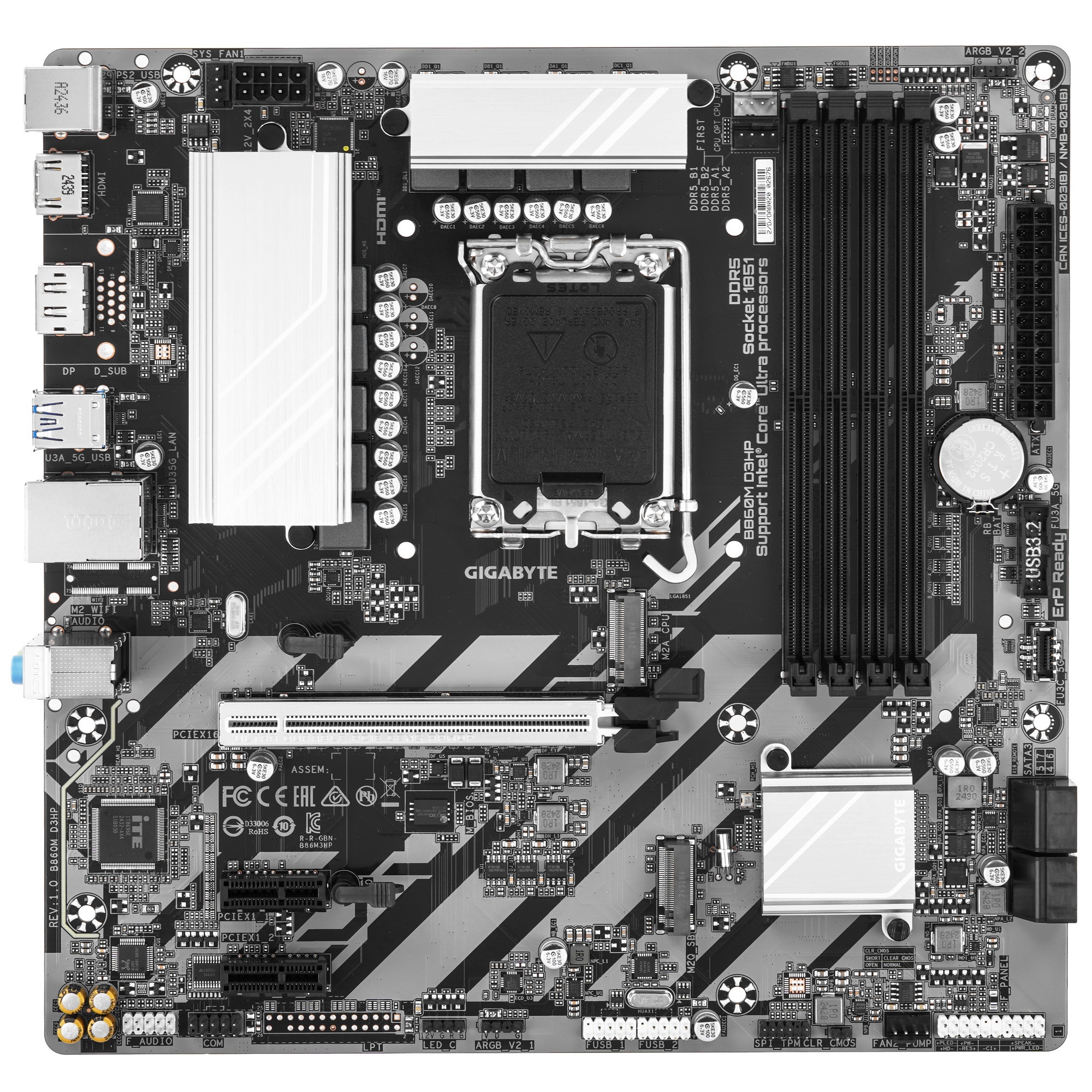 Материнская плата Gigabyte B860M D3HP, LGA 1851, Intel B860, 4xDDR5, 4xSATA, 2xM.2, 1xPCIe 5.0 x16,