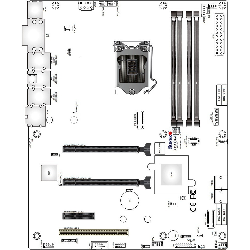 Материнская плата Supermicro MBD-X12SCA-F-B W-1200 CPU, 4 DIMM slots, Intel W480 controller for 4 SA