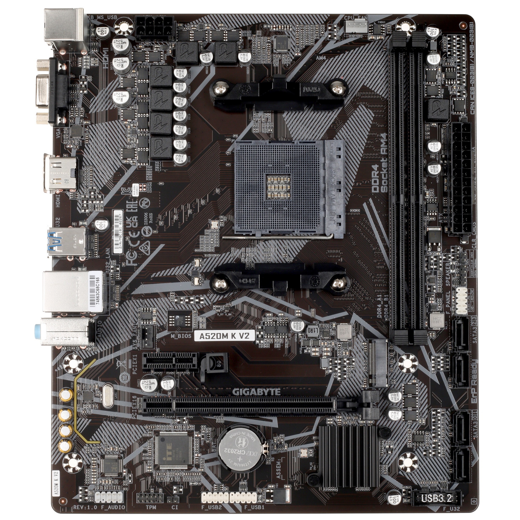 Материнская плата Gigabyte A520M K V2 (V1.1), AM4, AMD A520, 2xDDR4, 4xSATA, 1xM.2, 1xPCIe 3.0 x16,