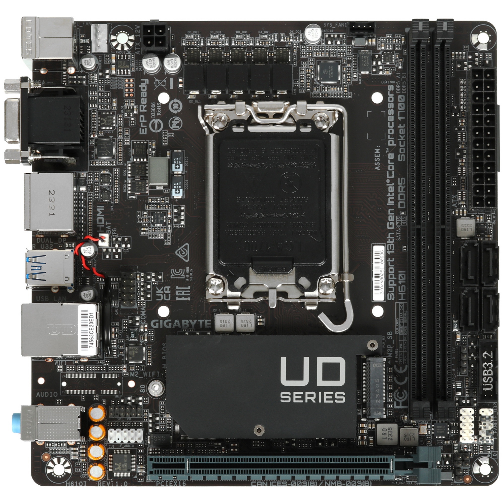 Материнская плата Gigabyte H610I, LGA 1700, Intel H610, 2xDDR5, 4xSATA, 1xM.2, 1xPCIe 4.0 x16, 1xHDM