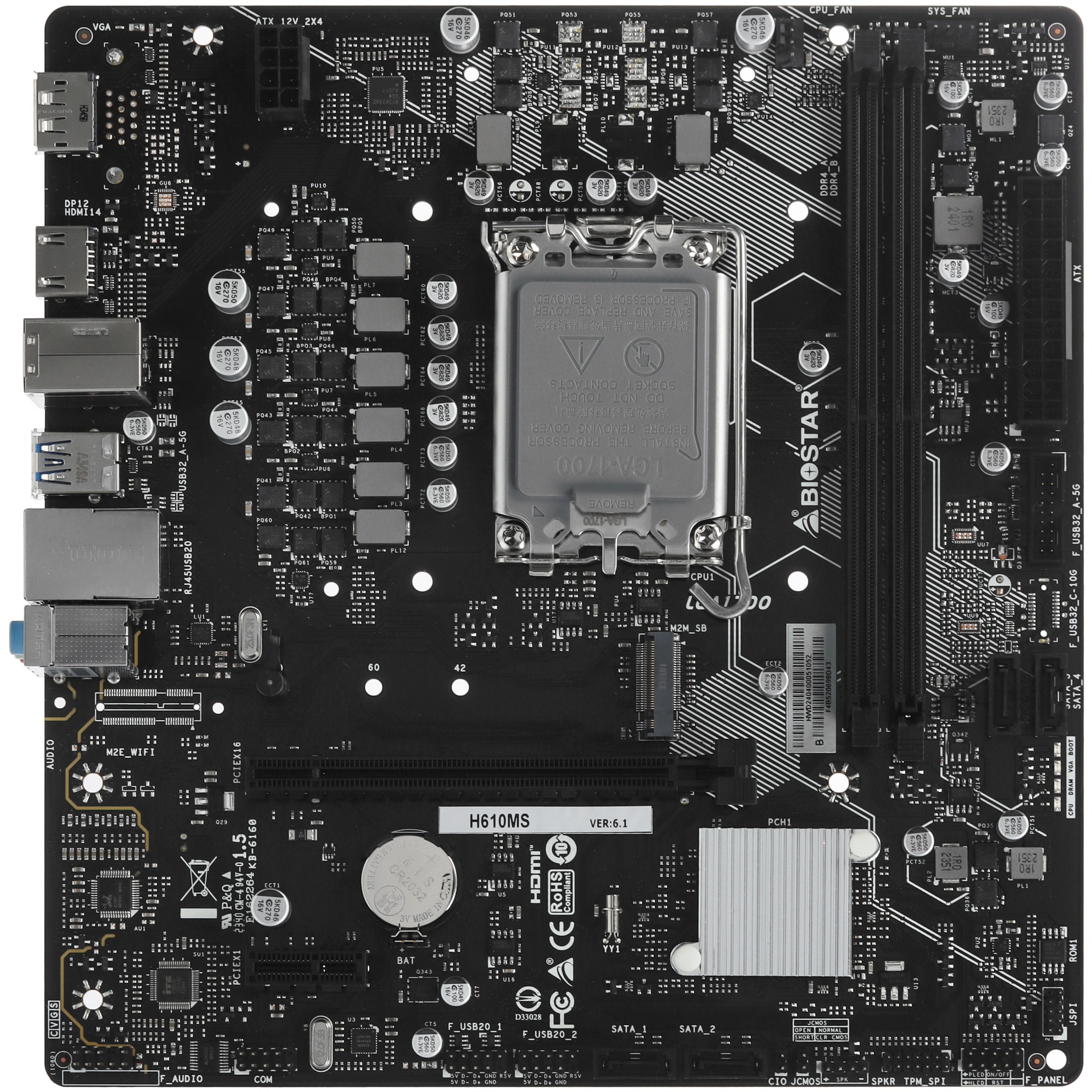 Материнская плата Biostar H610MS, LGA 1700, Intel H610, 2xDDR4, 4xSATA, 1xM.2, 1xPCIe 4.0 x16, 1xPCI