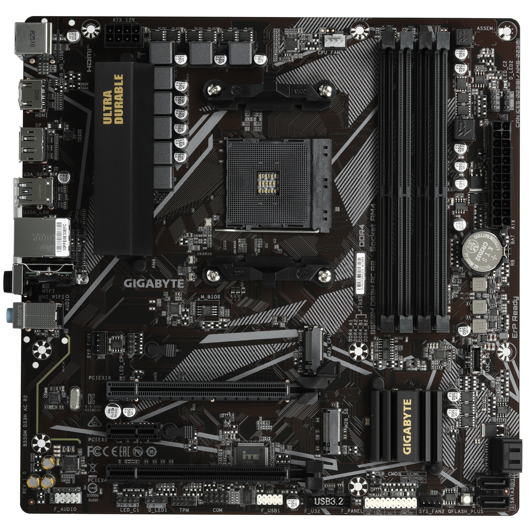 Материнская плата Gigabyte B550M DS3H AC R2 Soc-AM4 AMD B550 4xDDR4 mATX AC`97 8ch(7.1) GbLAN RAID+H