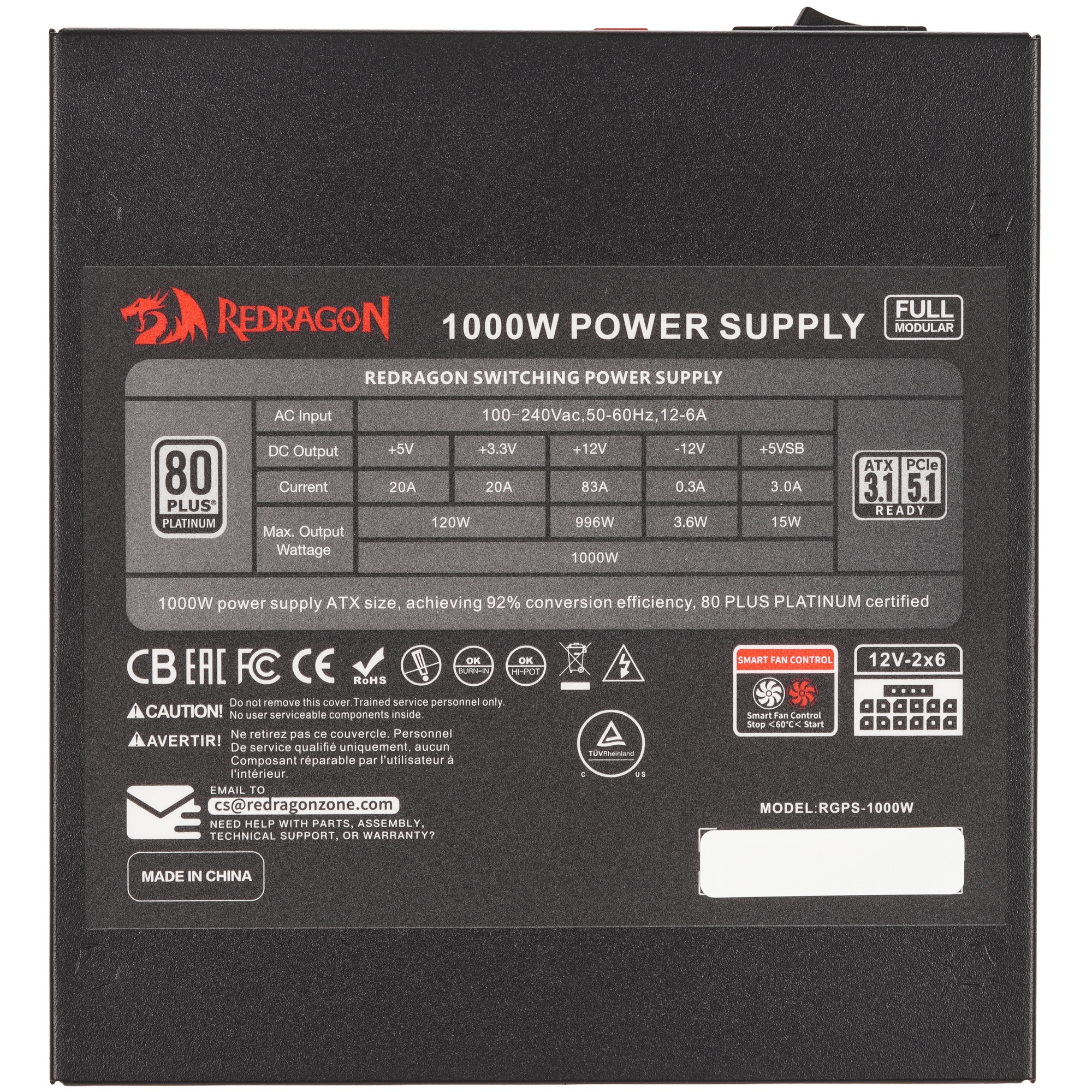 Блок питания для ПК Redragon RGPS-1000W 1000Вт,модульный,80+Plat,черный