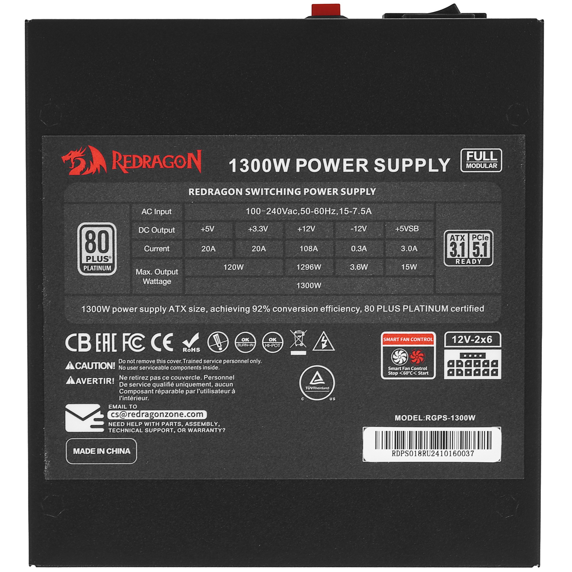 Блок питания для ПК Redragon RGPS-1300W 1300Вт,модульный,80+Plat,черный