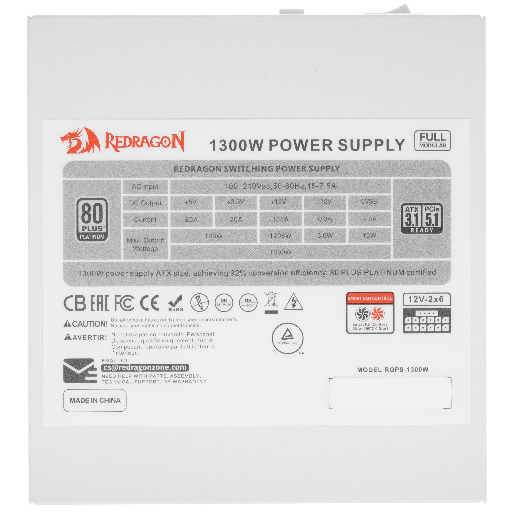 Блок питания для ПК Redragon RGPS-1300W 1300Вт,модульный,80+Plat,белый