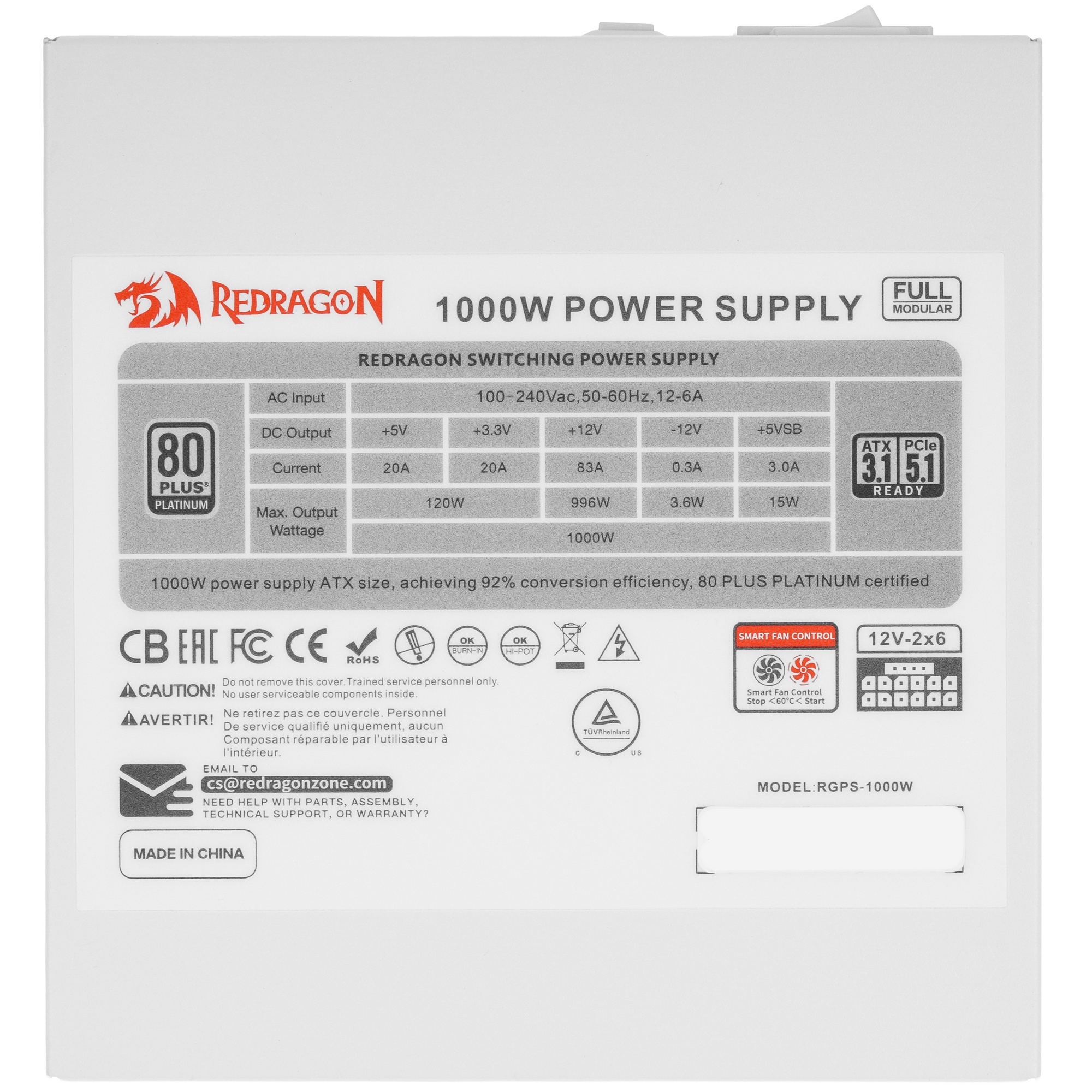 Блок питания для ПК Redragon RGPS-1000W 1000Вт,модульный,80+Plat,белый