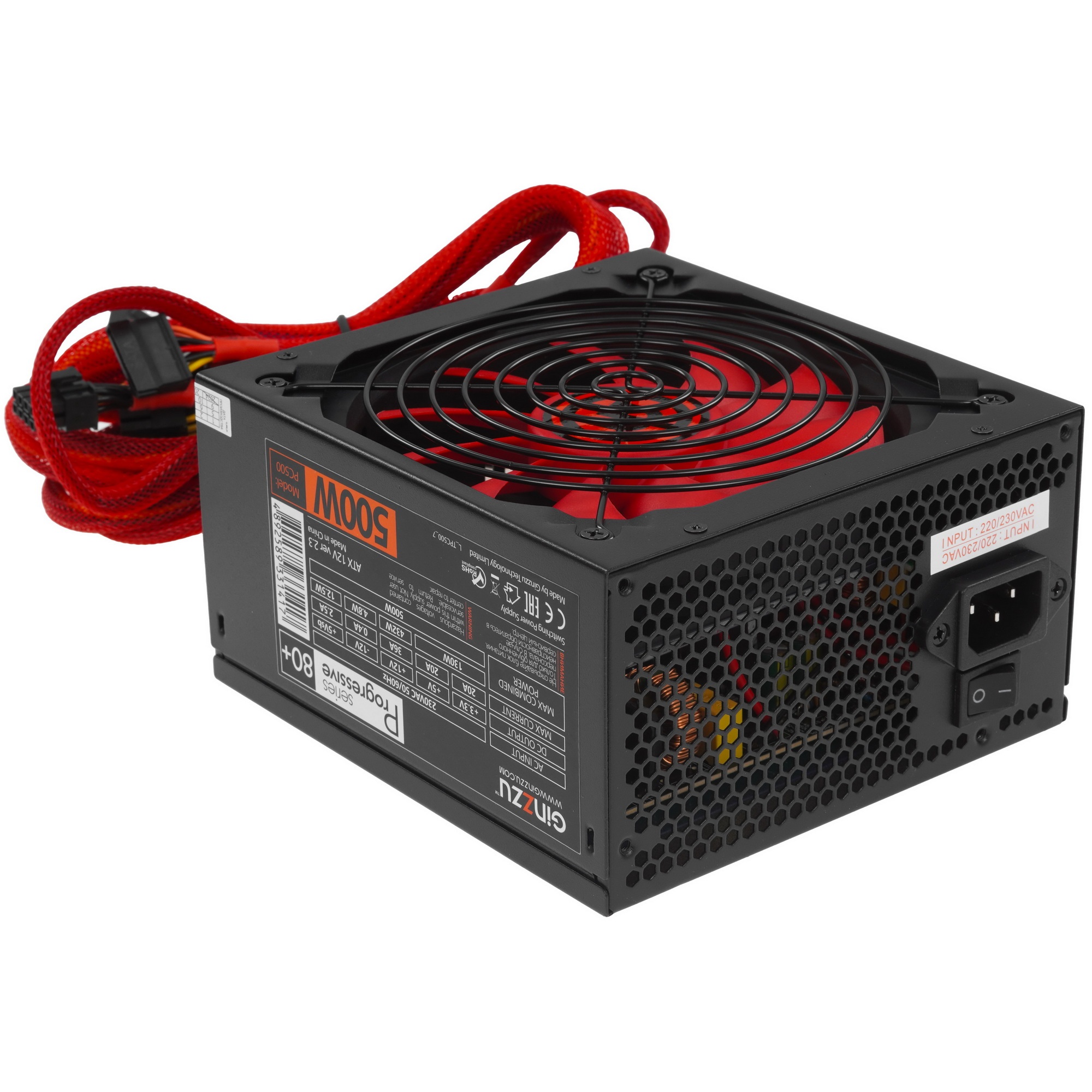 Блок питания Ginzzu PC500 (Red), 500Вт 80 PLUS, 140мм, черный (Red)