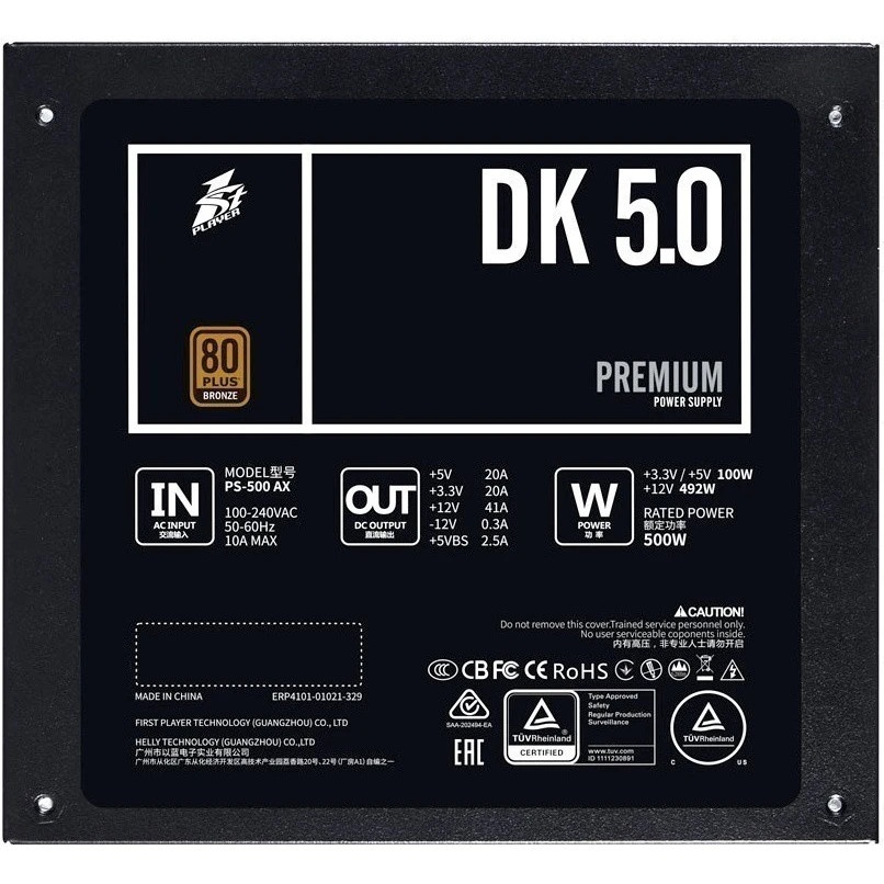 Блок питания 1STPLAYER DK PREMIUM PS-500AX, 500Вт, 80 PLUS Bronze, 120мм, черный