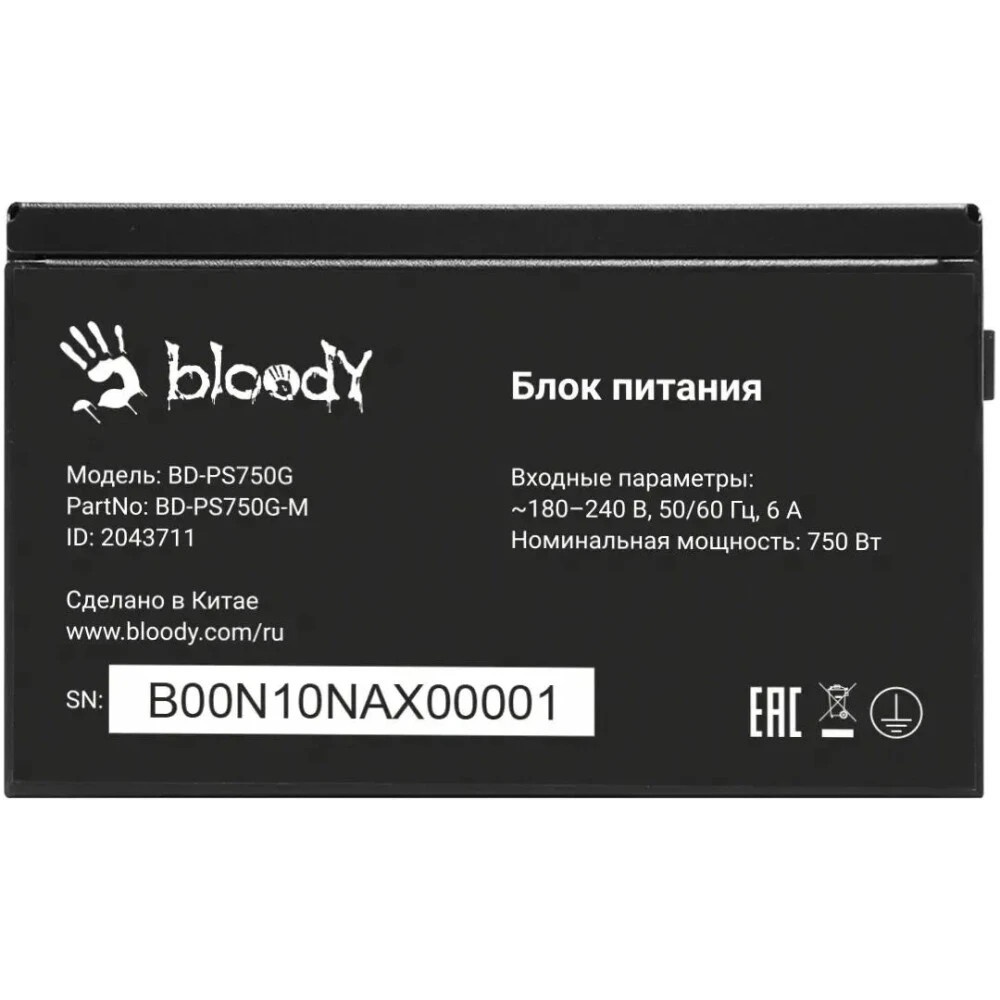 Блок питания Bloody BD-PS750G, 750Вт, 80 PLUS Gold, 120мм, модульный, черный