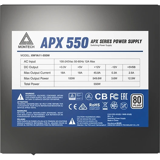 Блок питания Montech APX 550 (XWYA11-550), 550 Вт, 80 PLUS WHITE, 120 мм, немодульный, чёрный