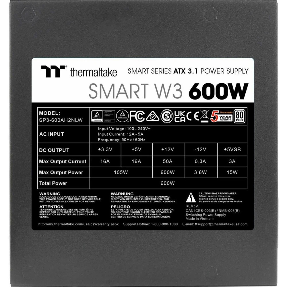 Блок питания Thermaltake Smart W3 600W, ATX 3.1, APFC, 12cm Fan, 80+, Retail