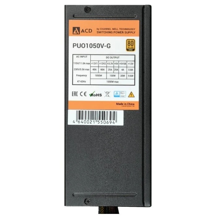 Блок питания CWT PUO1050V-G, 1050Вт, 80 PLUS Gold, 140мм, модульный, черный