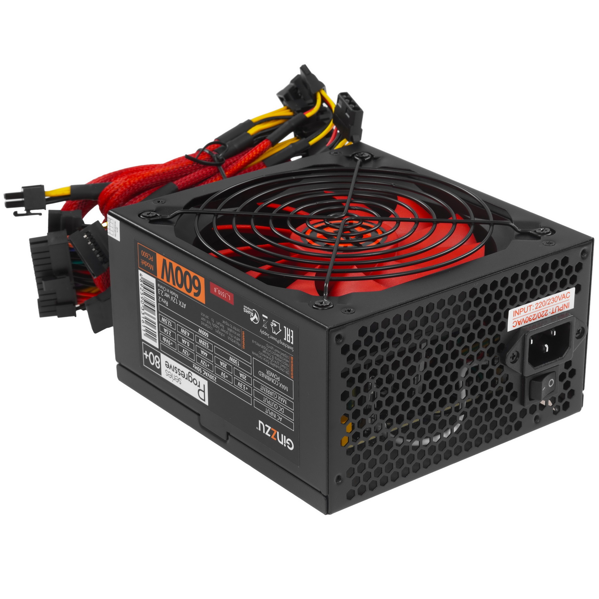 Блок питания Ginzzu PC600 (Red), 600Вт, 80 PLUS, 140мм, черный (Red)