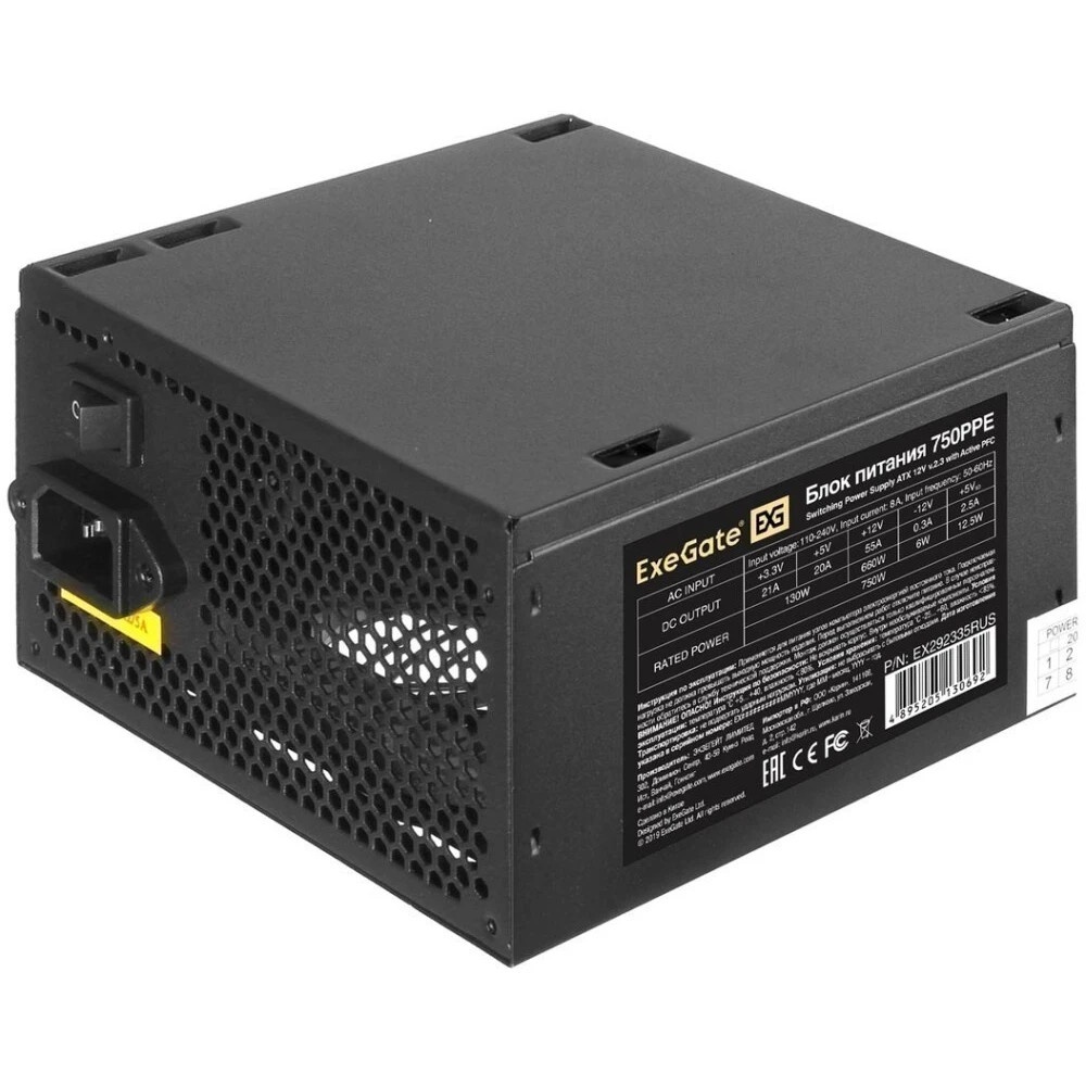 Блок питания ExeGate 750PPE, 750W, (ATX, APFC, PC, КПД 80% (80 PLUS), 12cm fan, 24pin, 2x(4+4)pin, 4