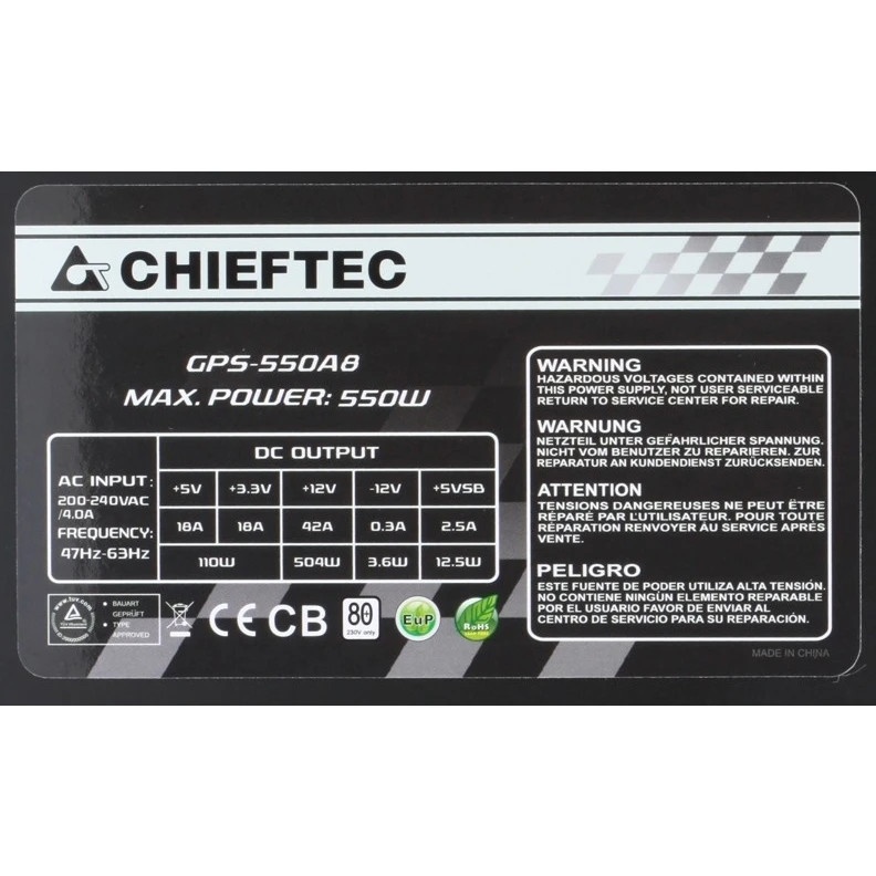 Блок питания Chieftec GPS-550A8, 550Вт, 80 PLUS:, 120мм, черный