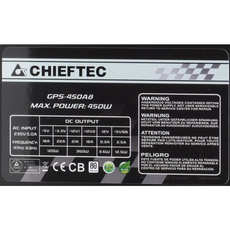 Блок питания Chieftec GPS-450A8, 450Вт, 80 PLUS, 120мм, черный