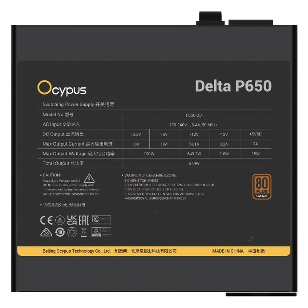 Блок питания Ocypus Delta P650, 650W, APFC, 80+ Bronze, ATX 3.1, 120mm Fan (P650-BF)