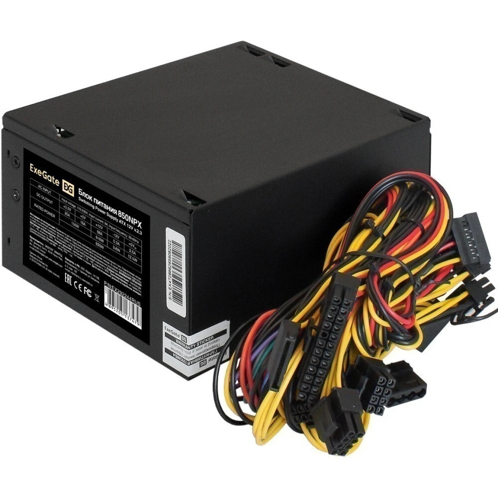 Блок питания ExeGate 850NPX (EX292244RUS-PC), 850W, (ATX, PC, 12cm fan, 24pin, 2x(4+4)pin, 2xPCI-E,
