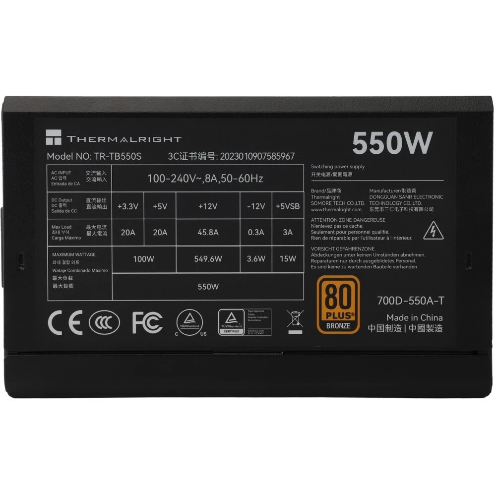 Блок питания Thermalright TR-TB550S, 550W 80+ Bronze (ATX, 3, Non-modular, 1x24(20+4)pin 550mm, 1xCP