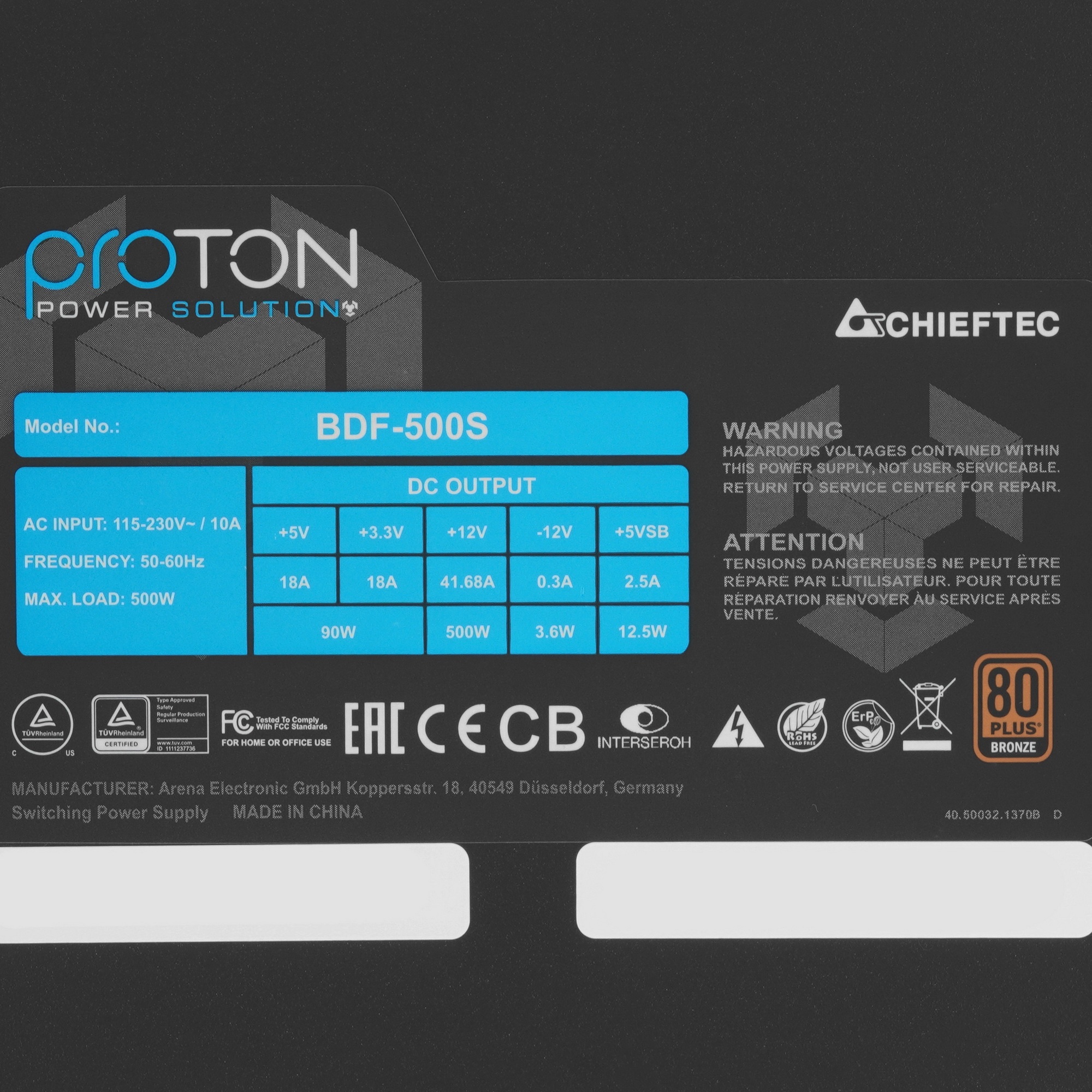 Блок питания Chieftec BDF-500S Retail, 500Вт, 80 PLUS Bronze, 120мм, черный