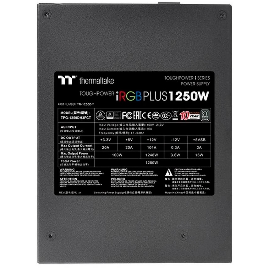 Блок питания Thermaltake PS-TPI-1250F3FDTE-1, 1250Вт, 80 PLUS Titanium, 140мм, модульный, черный