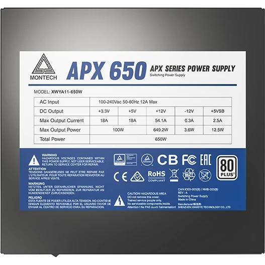 Блок питания Montech APX 650 (XWYA11-650W), 650 Вт, 80 PLUS WHITE, 120 мм, немодульный, чёрный