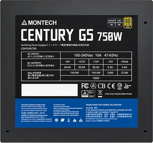 Блок питания Montech ATX 750W CENTURY GOLD G5, 750 Вт, 80 PLUS GOLD, 120 мм, модульный, чёрный
