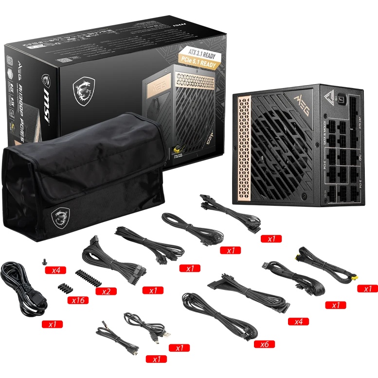 Блок питания MSI MEG Ai1300P (306-7ZP4A11-CE0), 1300Вт, 80 PLUS Platinum, 120мм, модульный, черный /
