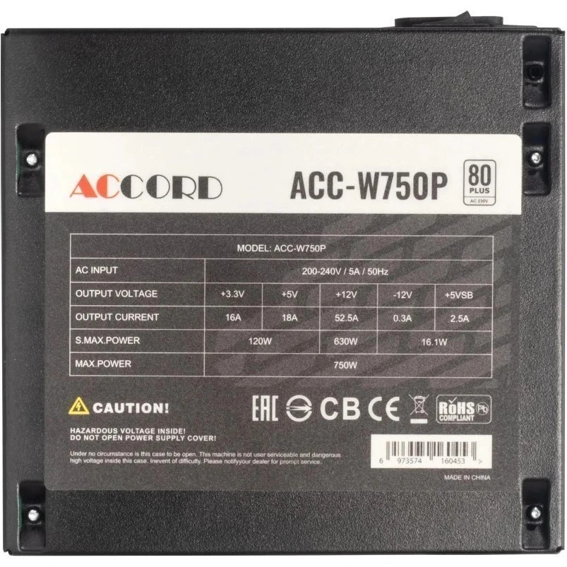 Блок питания Accord  ACC-W750P, 750Вт, 80 PLUS WHITE, 120мм, черный