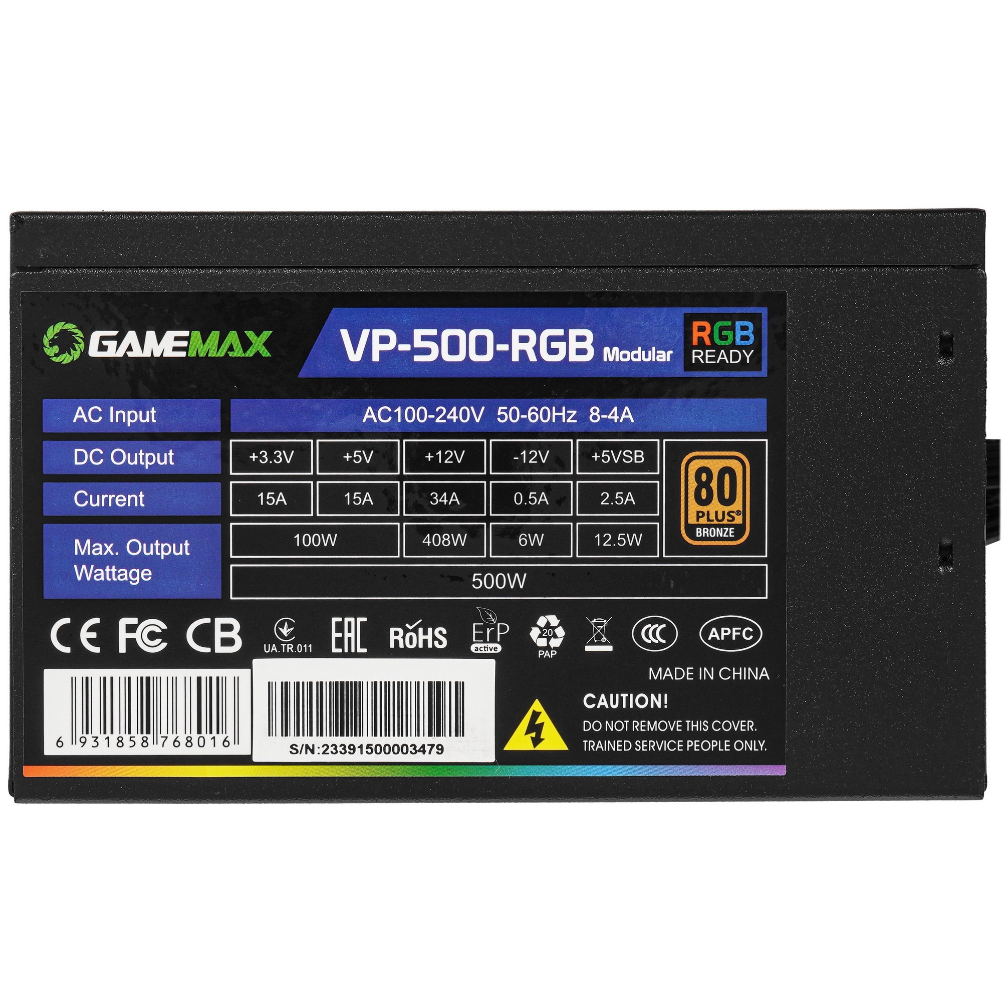 Блок питания GameMax VP-500-RGB-MODULAR 80 PLUS  Блок питания ATX 500W, Ultra quiet