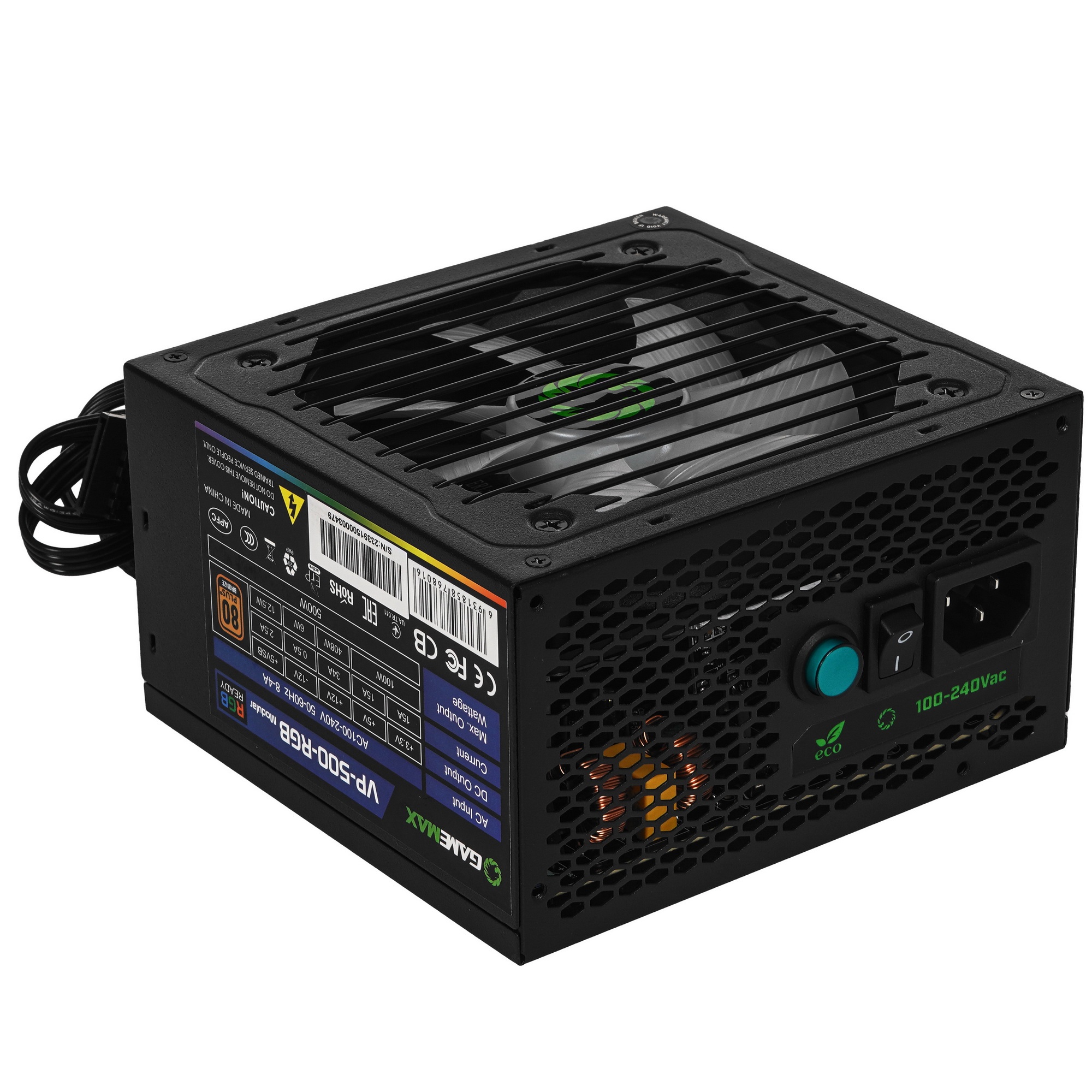 Блок питания GameMax VP-500-RGB-MODULAR 80 PLUS  Блок питания ATX 500W, Ultra quiet