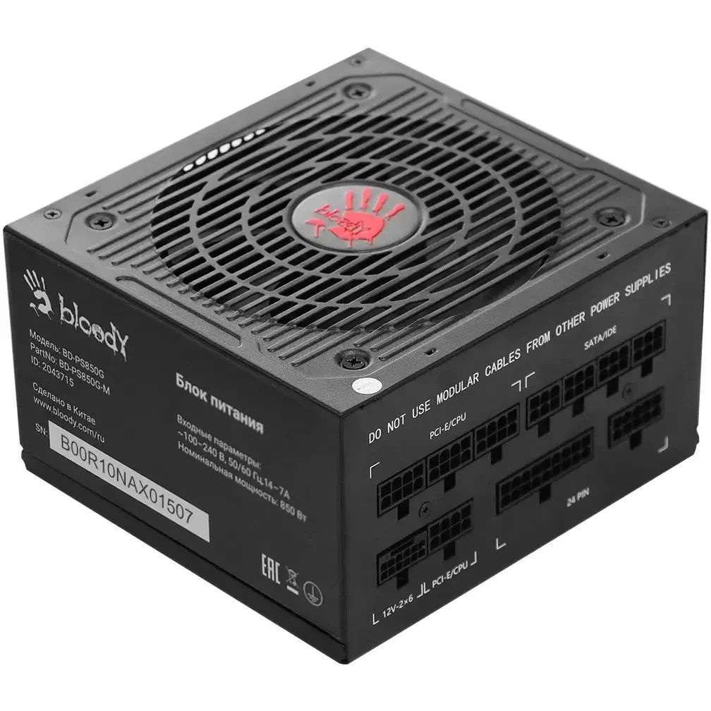Блок питания Bloody BD-PS850G, 850Вт, 80 PLUS Gold, 120мм, модульный, черный