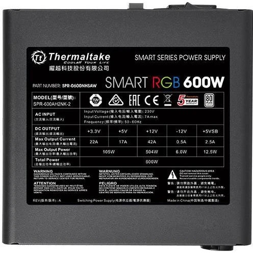 Блок питания Thermaltake Smart RGB (PS-SPR-0600NHSAWE-1), 600Вт 80 PLUS, 120мм, черный