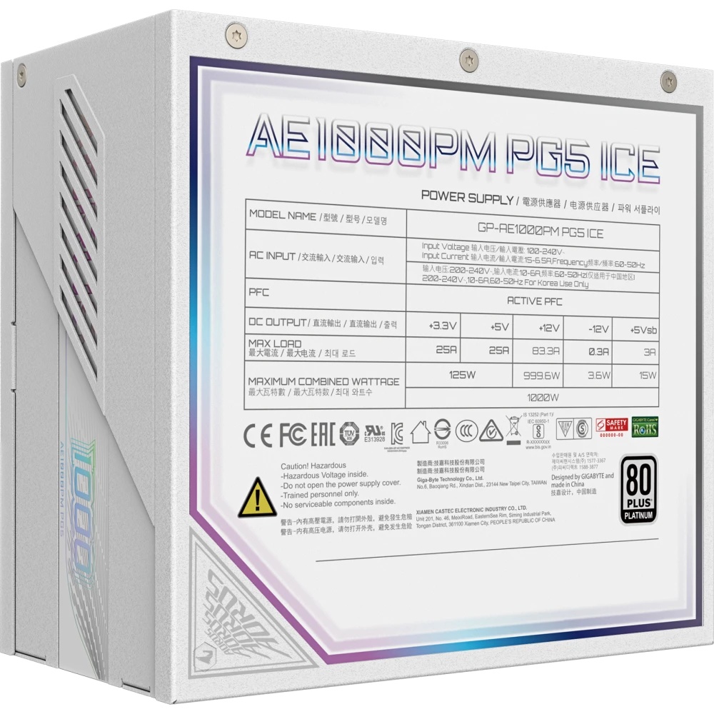 Блок питания Gigabyte ATX 1000W GP-AE1000PM PG5 ICE Gen.5 80+ platinum (20+4pin) APFC 120mm fan 16xS