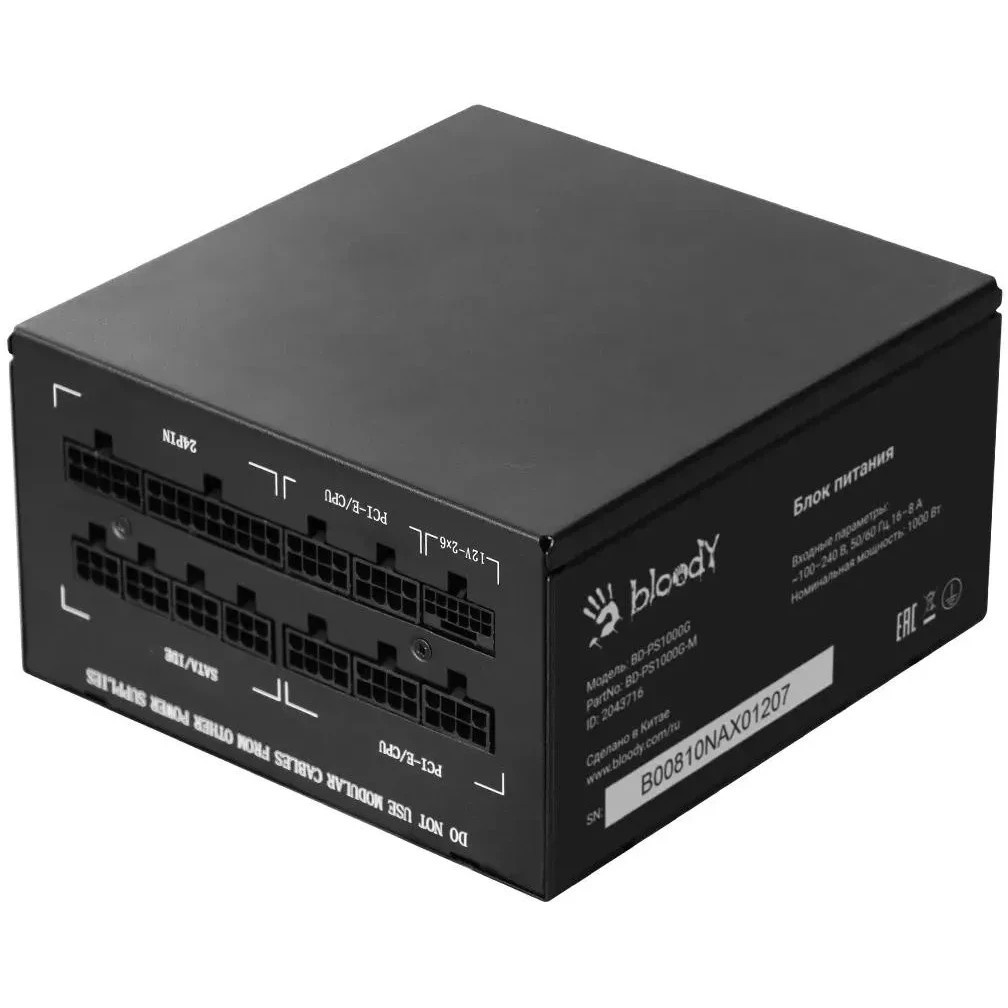 Блок питания Bloody BD-PS1000G, 1000Вт, 80 PLUS Gold, 140мм, модульный, черный