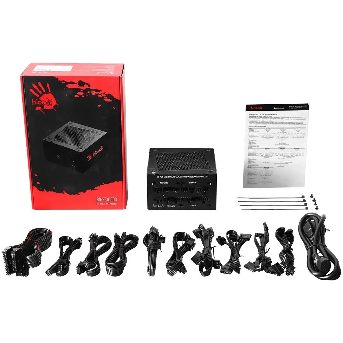Блок питания Bloody BD-PS1000G, 1000Вт, 80 PLUS Gold, 140мм, модульный, черный