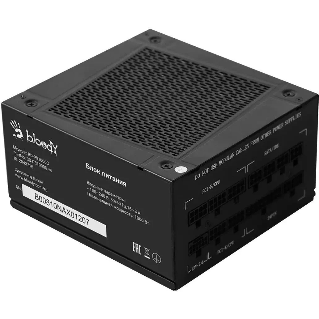 Блок питания Bloody BD-PS1000G, 1000Вт, 80 PLUS Gold, 140мм, модульный, черный