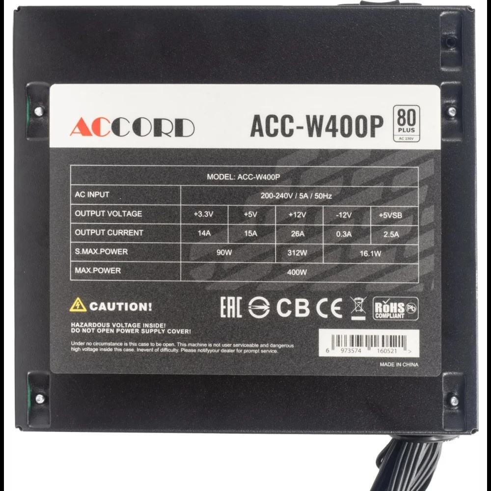 Блок питания Accord  ACC-W400P, 400Вт, 80 PLUS WHITE, 120мм, черный