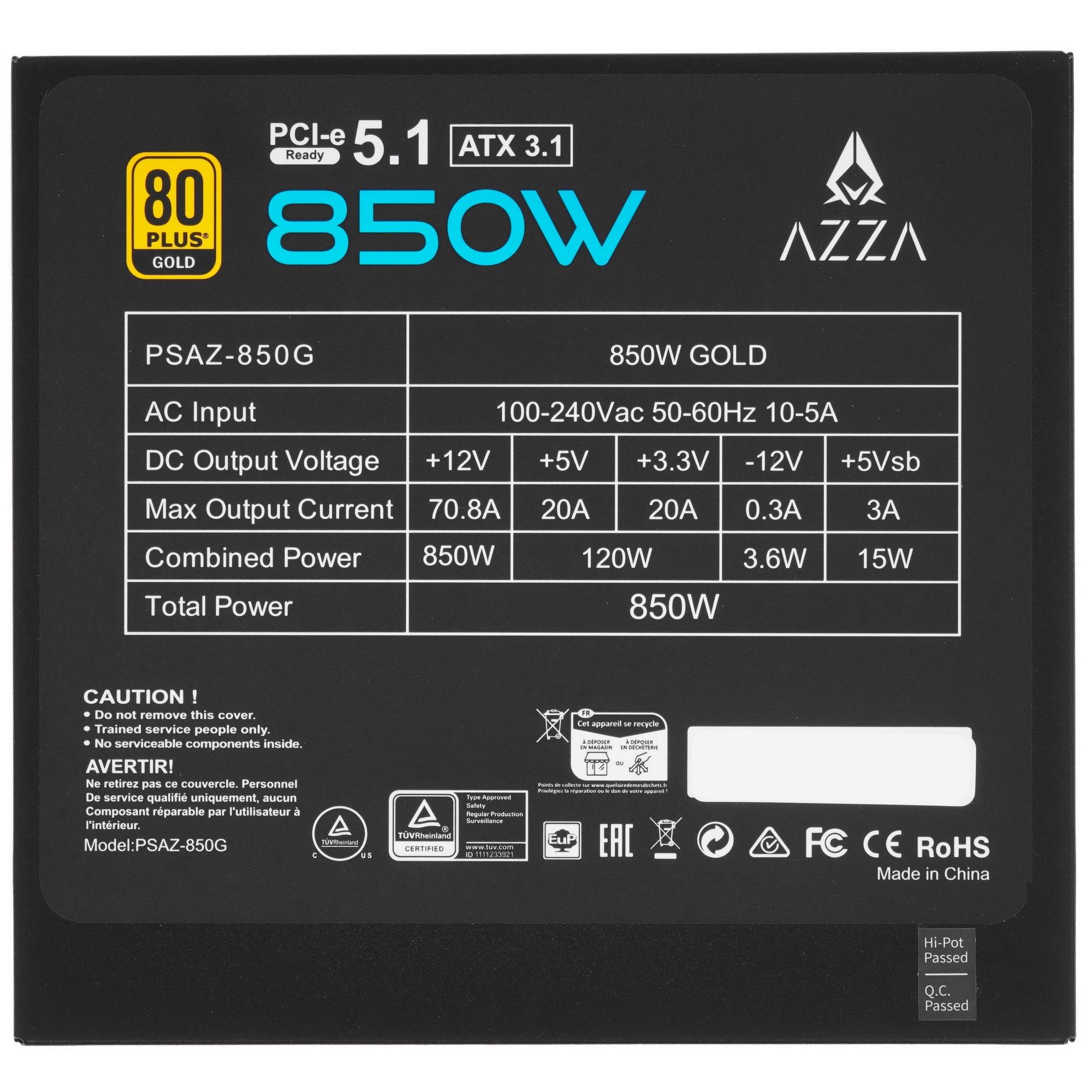 Блок питания Azza PSAZ-850G, 850Вт, 80 PLUS Gold, 120мм, модульный, черный