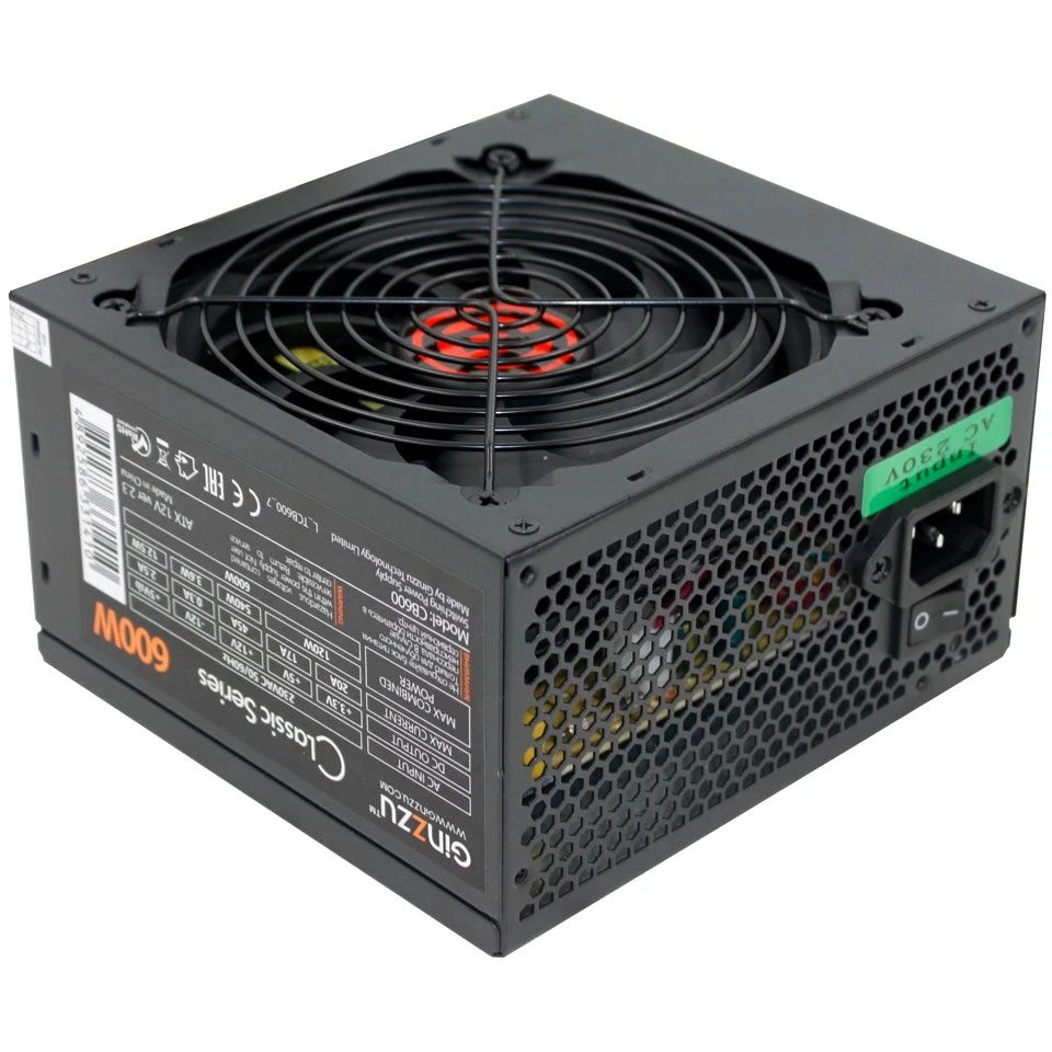 Блок питания Ginzzu CB600 12CM black,24+4p,2 PCI-E(6+2), 4*SATA,3*IDE,оплетка MB, кабель питания