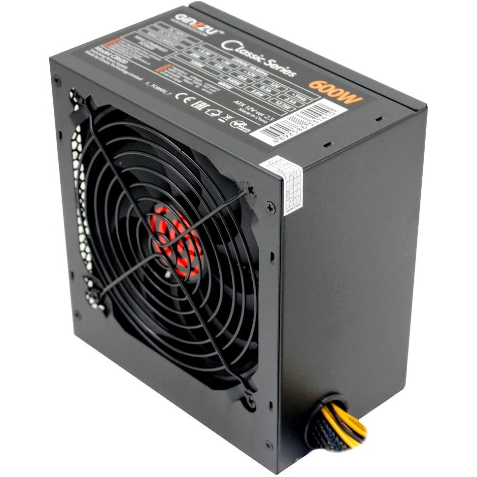 Блок питания Ginzzu CB600 12CM black,24+4p,2 PCI-E(6+2), 4*SATA,3*IDE,оплетка MB, кабель питания