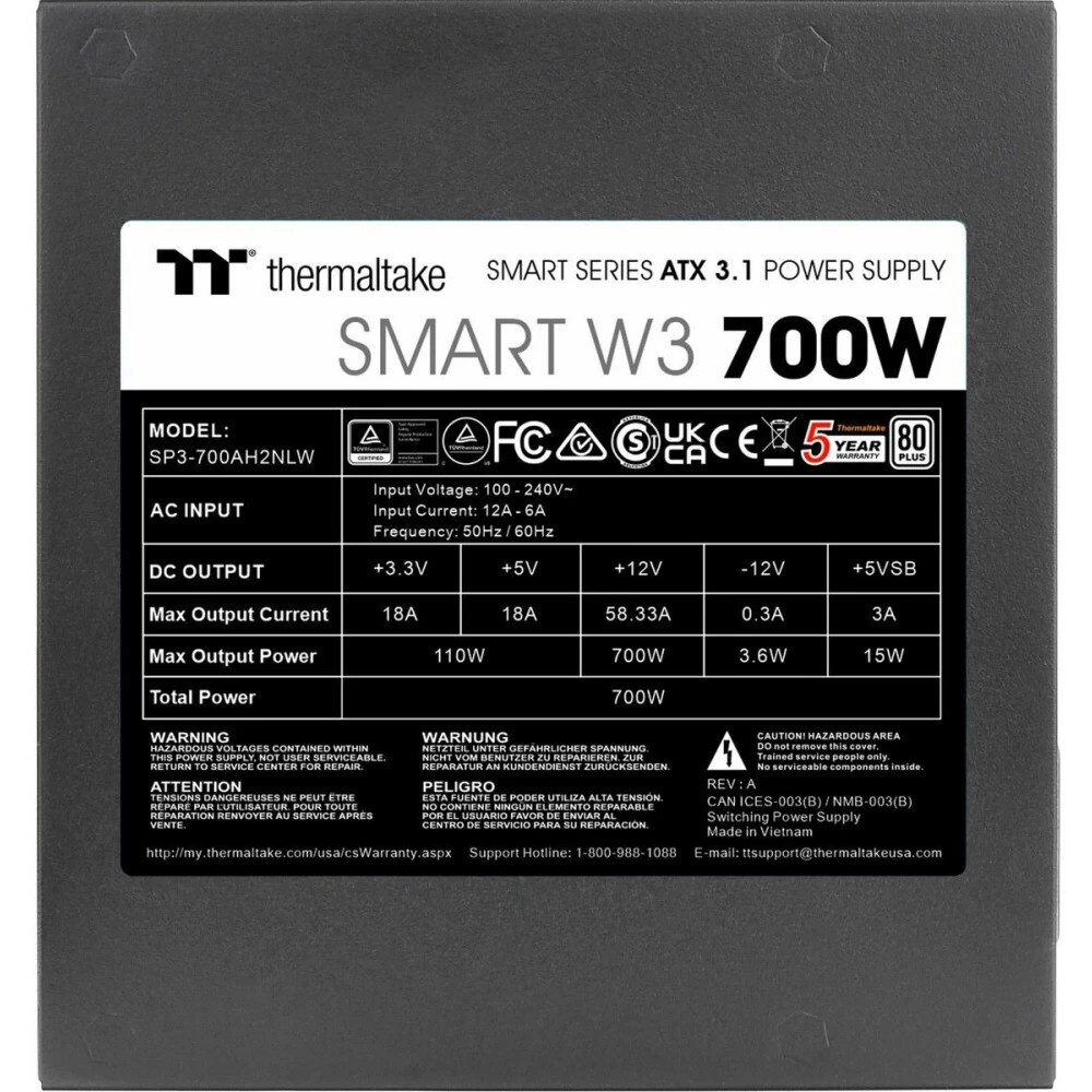 Блок питания Thermaltake Smart W3 700W, ATX 3.1, APFC, 12cm Fan, 80+, Retail