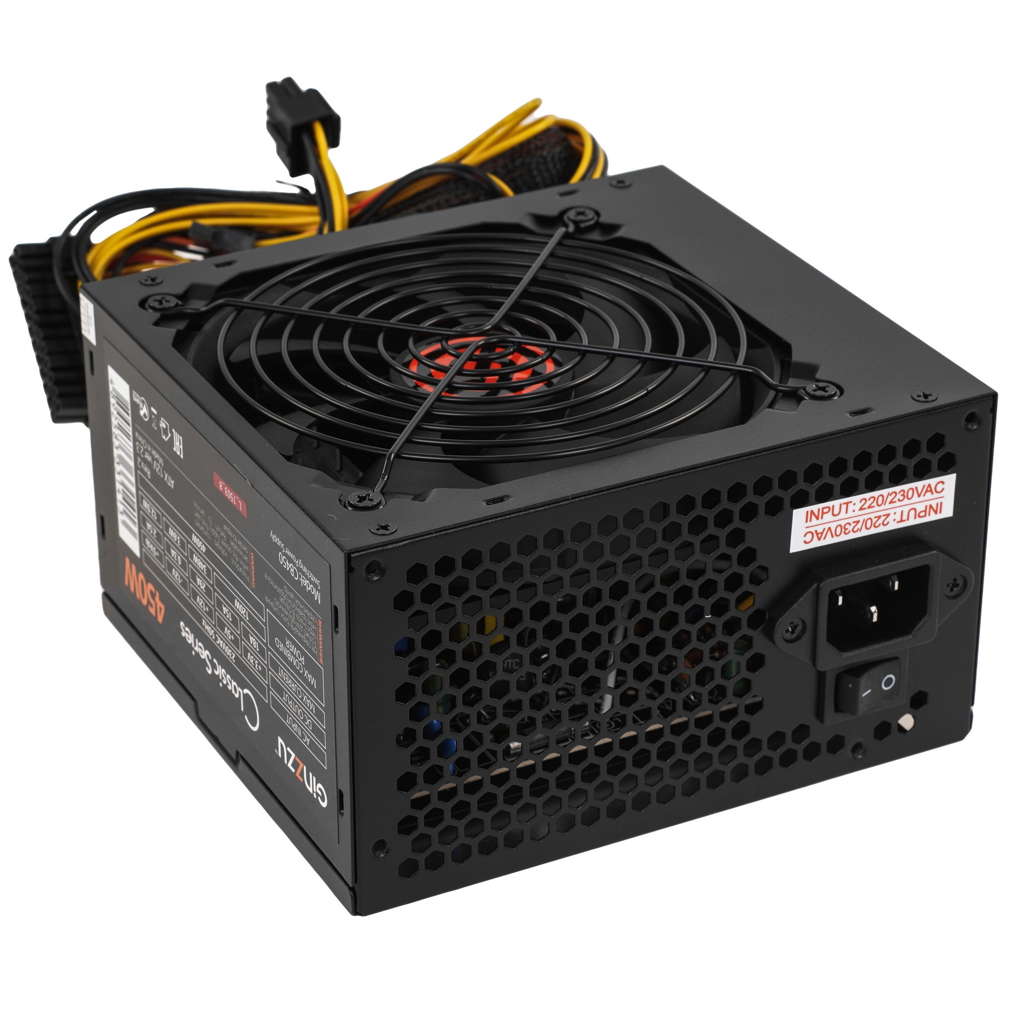 Блок питания Ginzzu CB450 12CM black,24+4p,PCI-E, 3*SATA, 2*IDE,оплетка MB, кабель питания