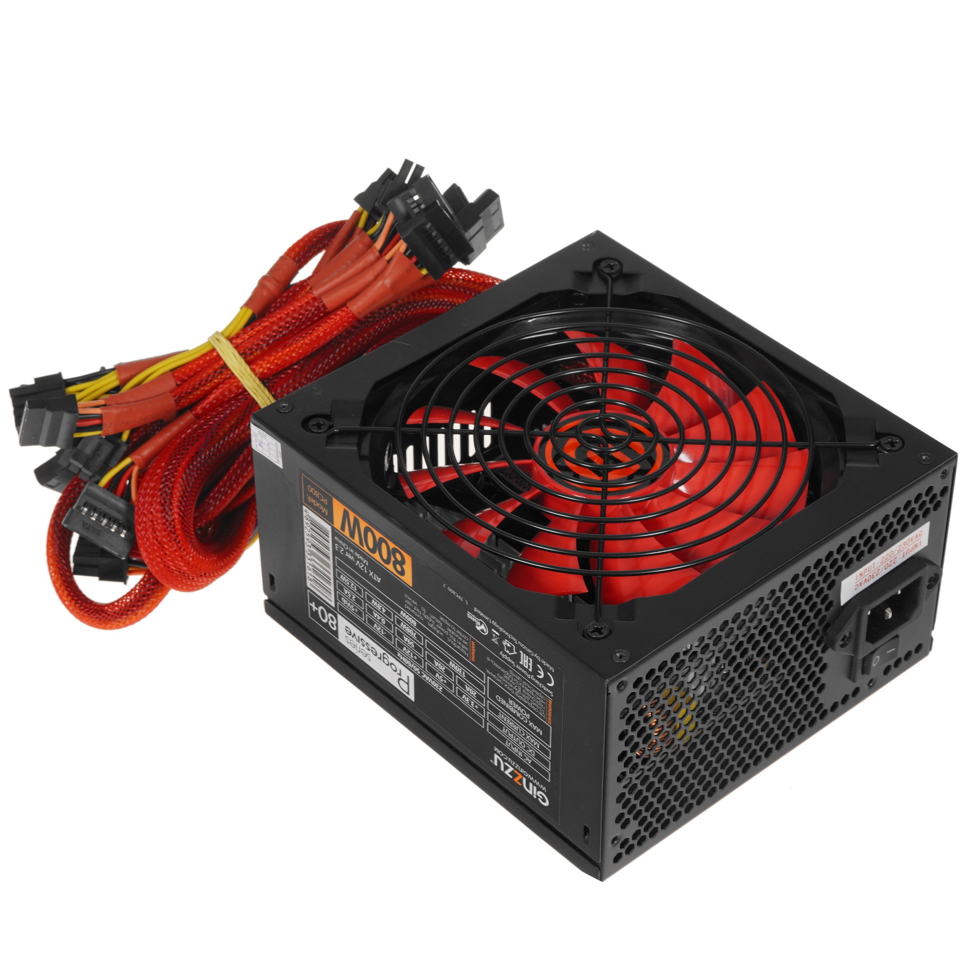 Блок питания Ginzzu PC800 14CM(Red) 80 PLUS  black,APFC,24+4p,4 PCI-E(6+2), 7*SATA, 4*IDE,оплетка, к