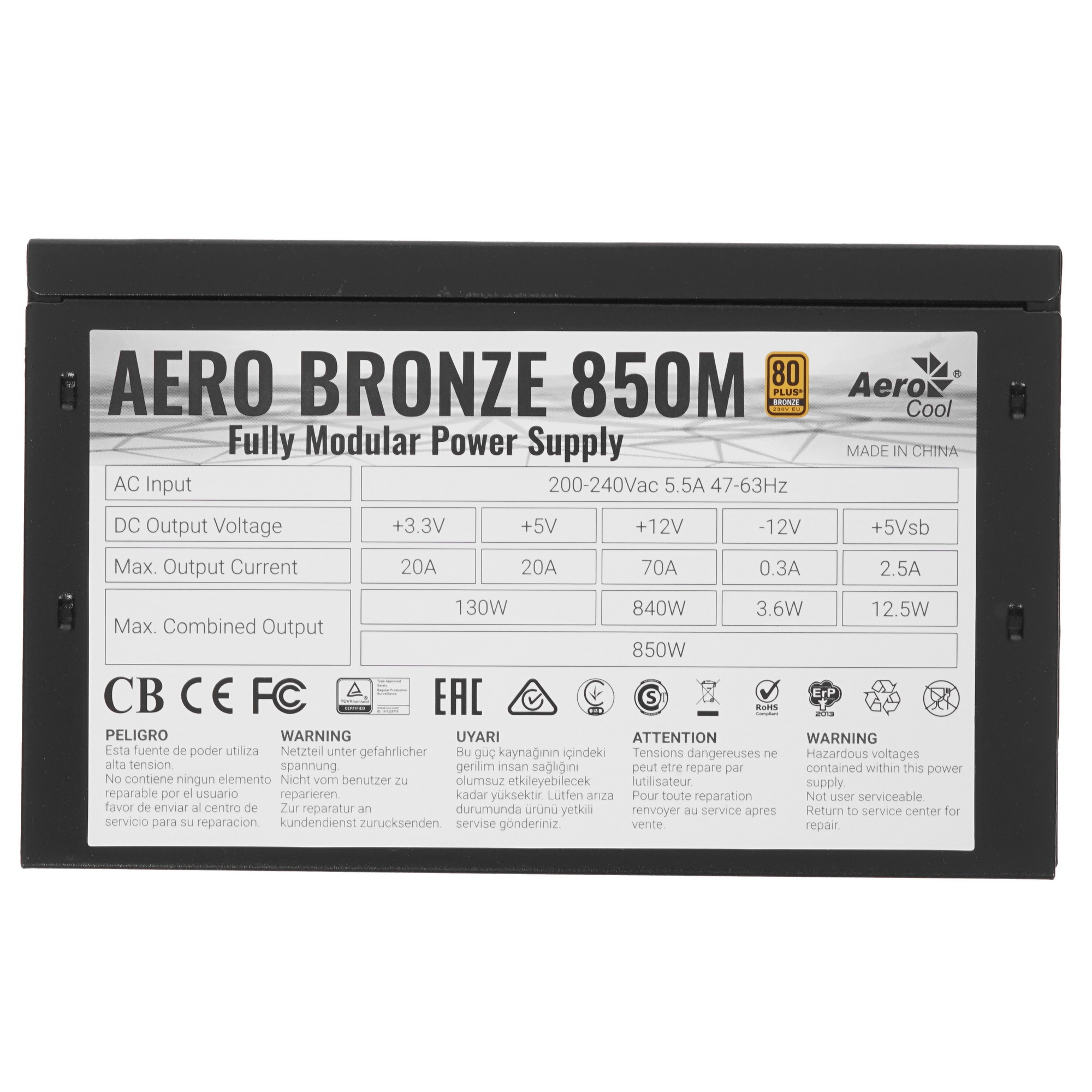 Блок питания Aerocool / Formula AERO BRONZE 850M, 850Вт, 80 PLUS Bronze, 120мм, модульный, черный