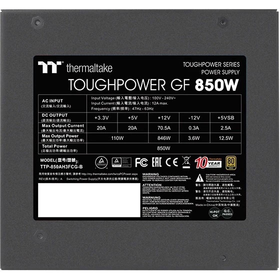 Блок питания Thermaltake Toughpower 850 TTP-850AH3FCG-B 850W, 80 Plus Gold, полностью модульный