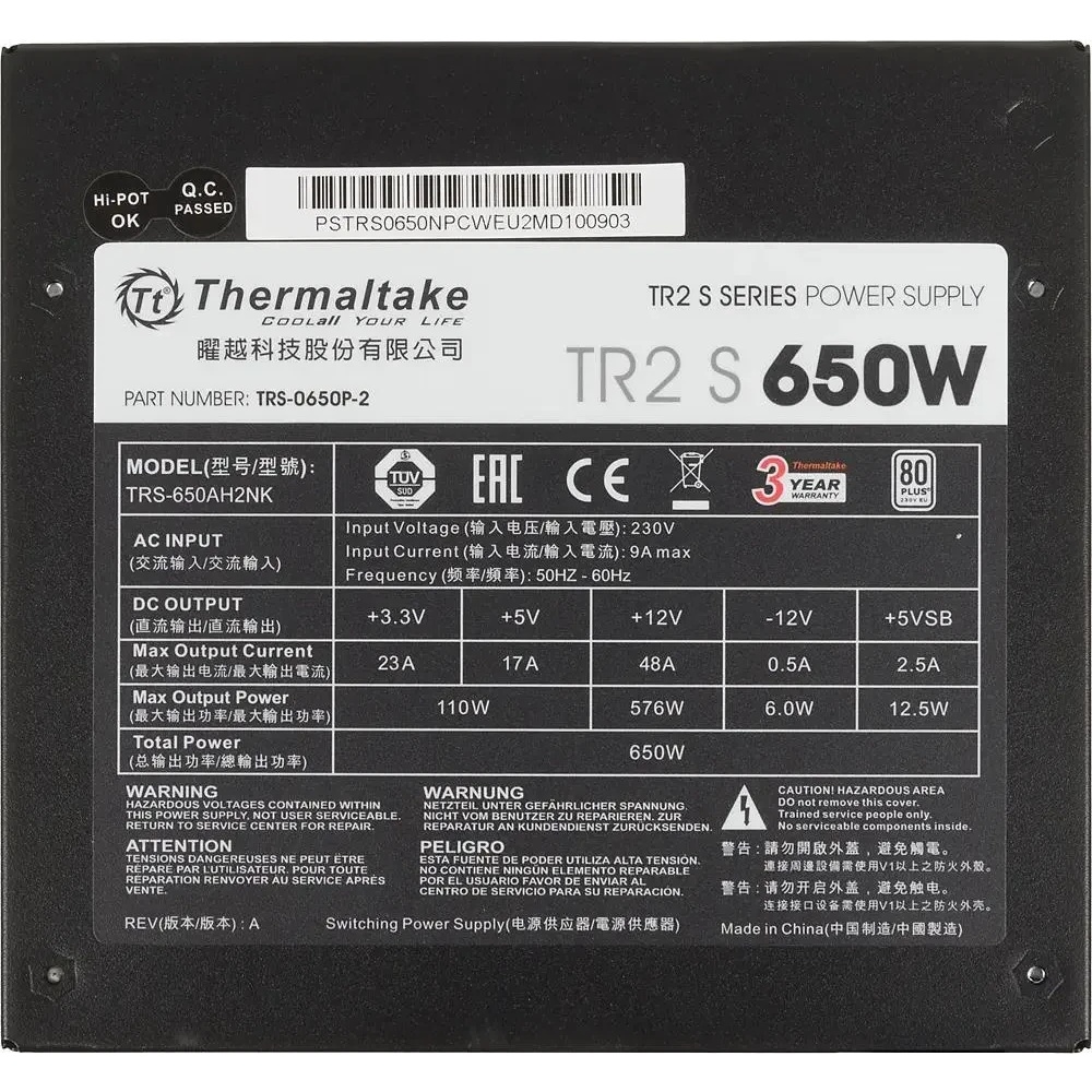 Блок питания Thermaltake TR2 S 650W [PS-TRS-0650NPCWEU-2] v2.3, A.PFC, 80 Plus , Fan 12 cm, Retail